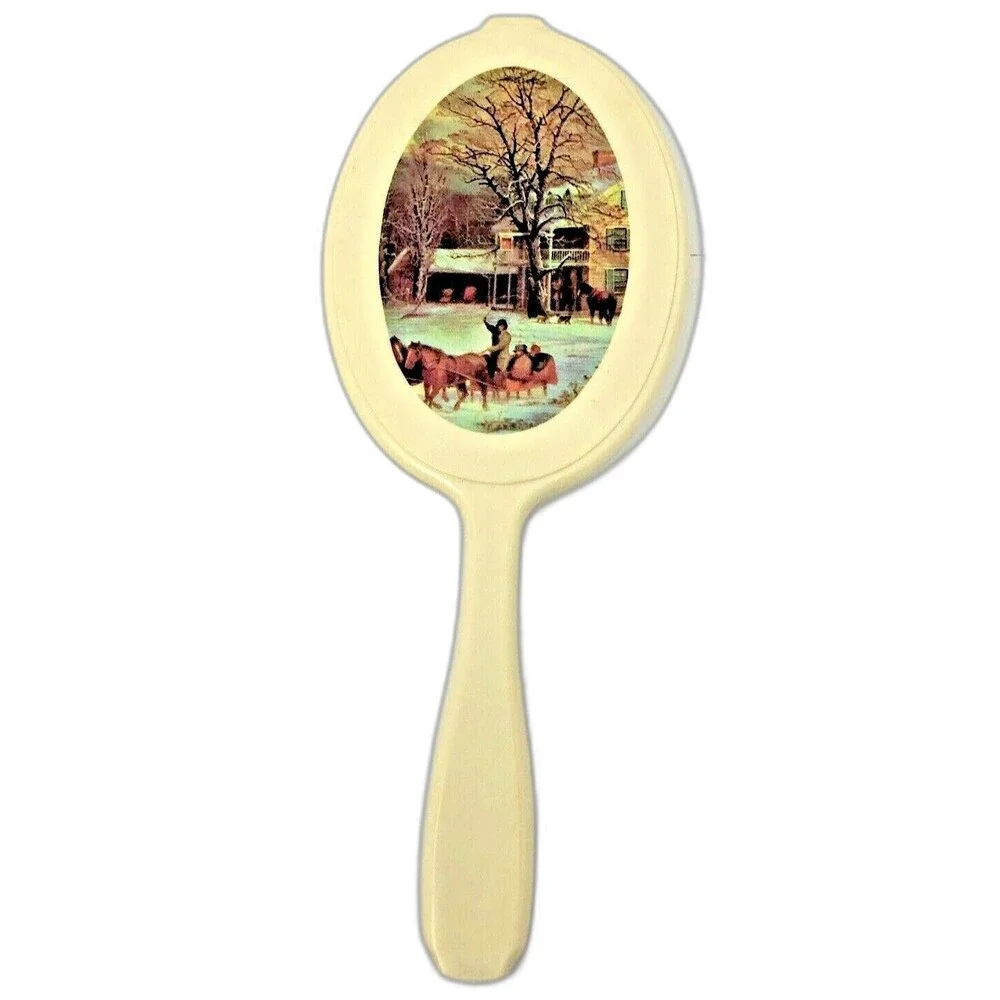 Hand Held Vanity Mirror Vintage Farmhouse Winter Dashing Snow Scene 11.5” Tall